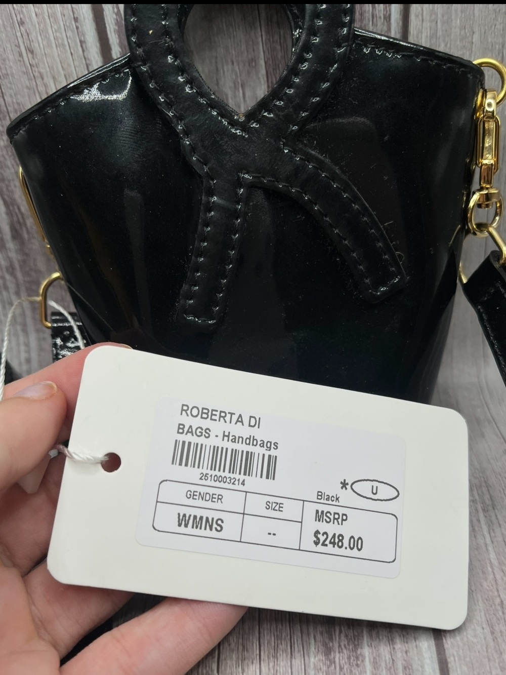 $248 NWT Roberta di Camerino Black Patent Glossy Mini Bucket Bag Micro Crossbody - Picture 3 of 16